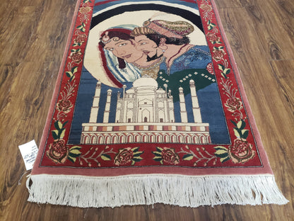 Vintage Small Pictorial Lovers Rug 2.5 x 4, Taj Mahal Indo Persian Rug, Wool Hand-Knotted Indian Rug, King & Queen, Layla and Majnun