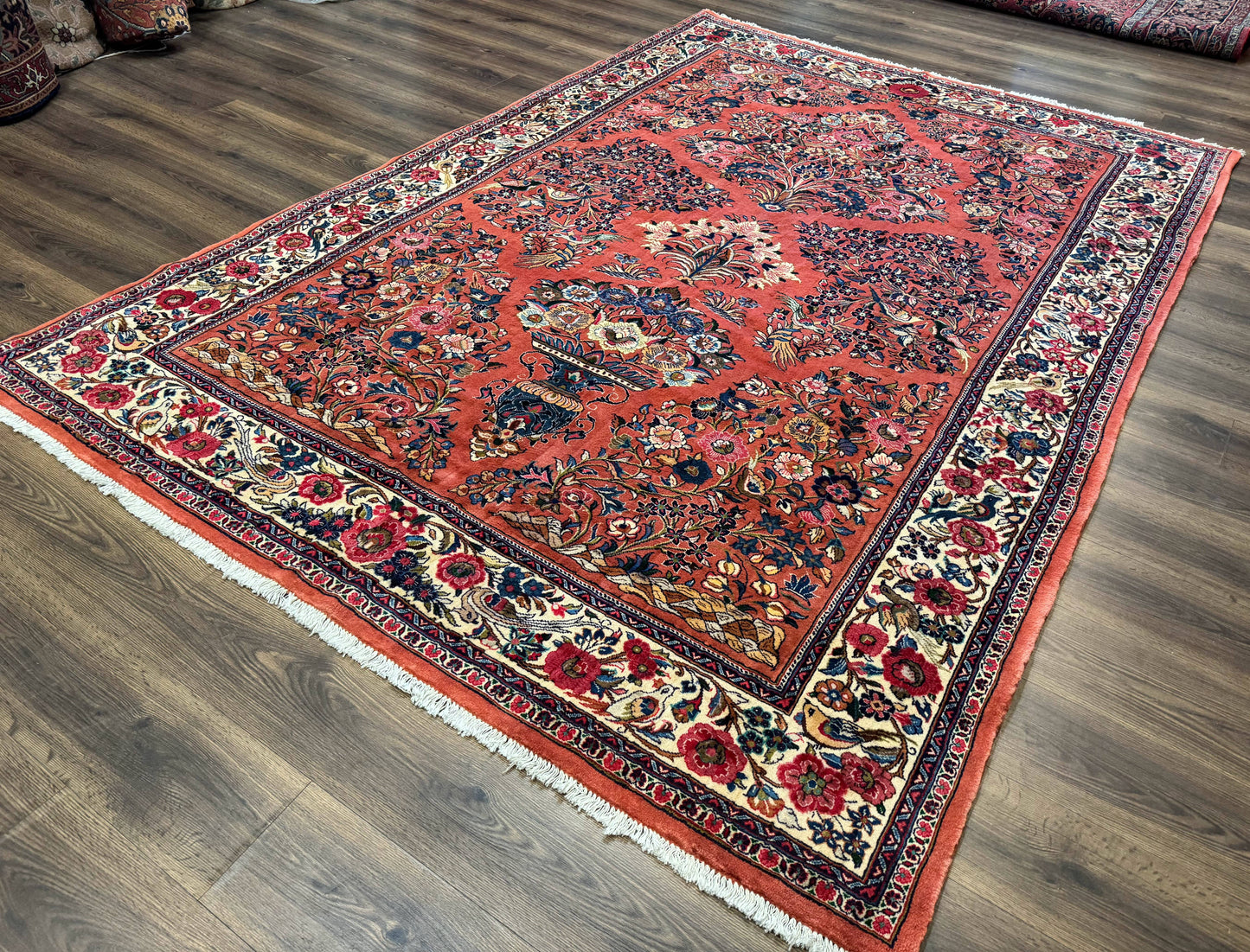 Persian Sarouk Rug 7x10, Red and Ivory, Floral Bouquets, Birds - Nuvé
