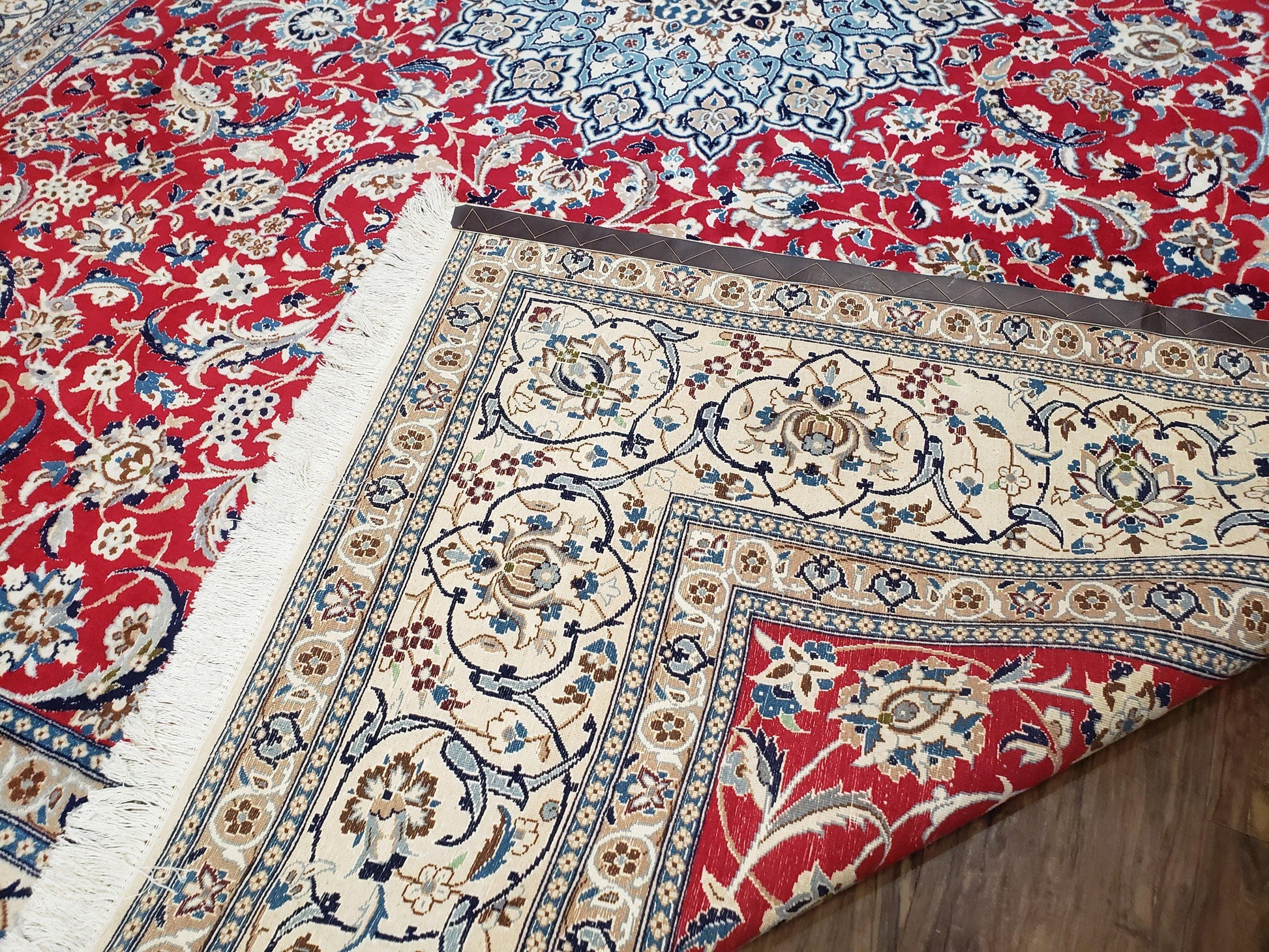 Persian Nain Rug 8x12, Red and Ivory, Signed - Nuvé