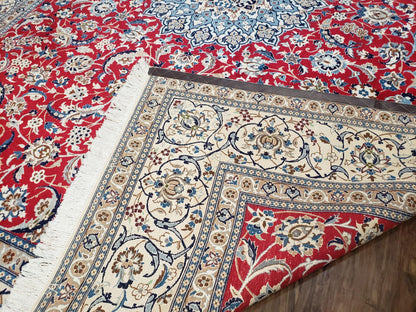 Persian Nain Rug 8x12, Red and Ivory, Signed - Nuvé