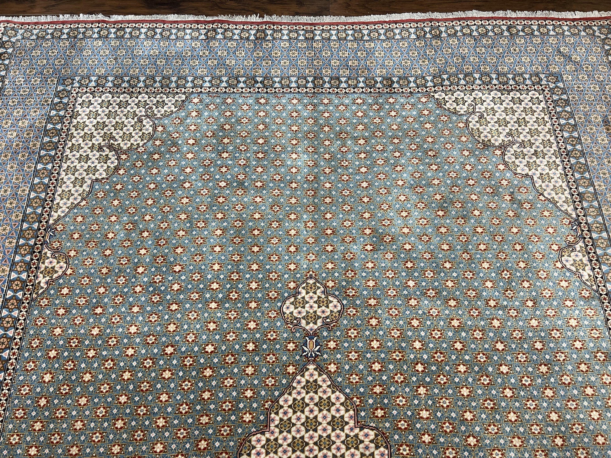 Rare Persian Rug 8x12, Qum Rug, Repeated Star Motifs, Blue and Ivory, Fine 300 KPSI, Hand Knotted Handmade Vintage Wool Rug - Nuvé