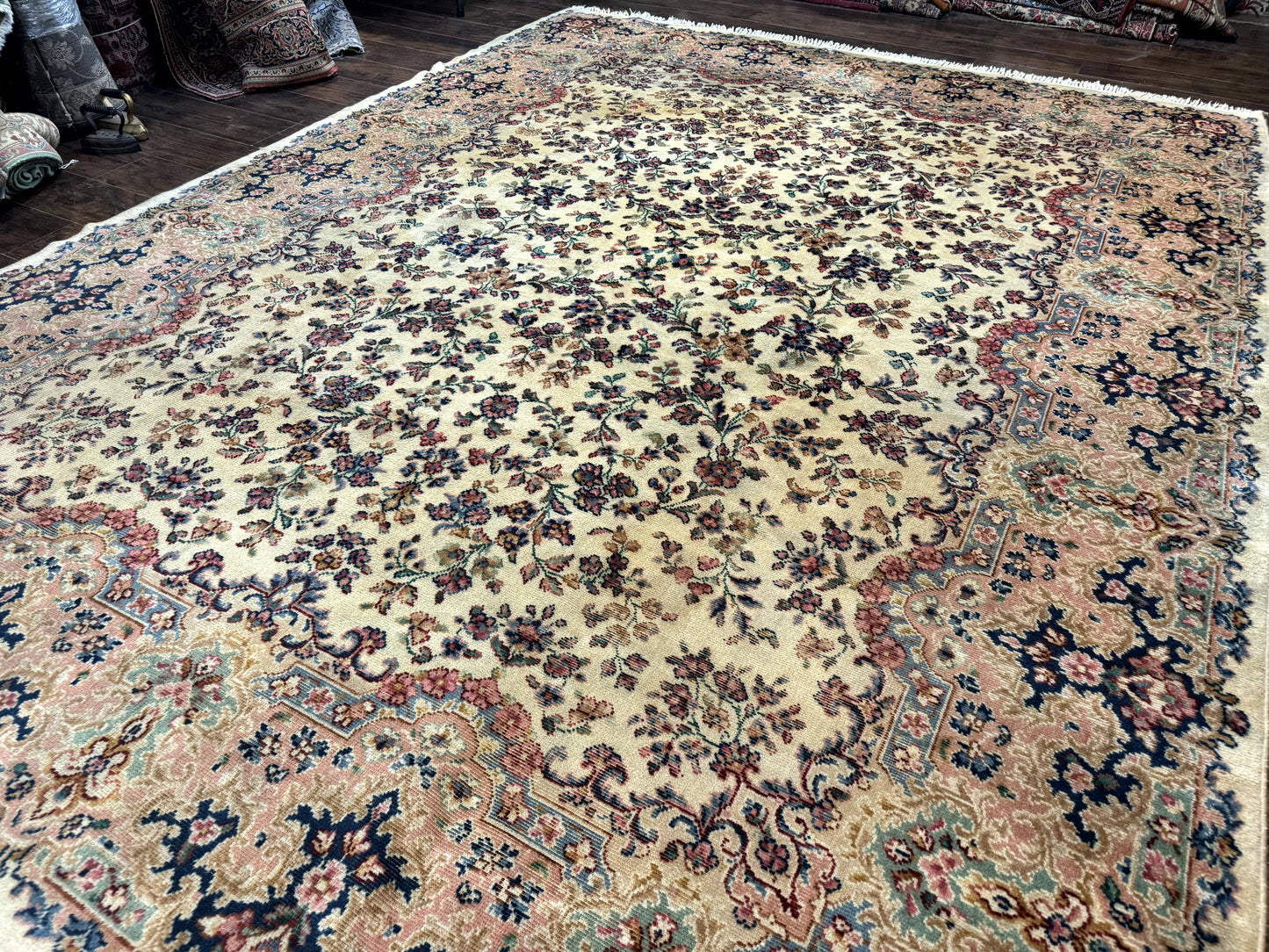 Antique Karastan Rug 8.8 x 12 Lanamar Floral Ivory Kirman Wool Discontinued - Nuvé