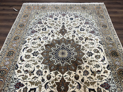 Wonderful Persian Tabriz Rug 7x10, Floral Medallion, Very Fine Oriental Carpet, Ivory