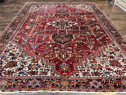 Persian Heriz Rug 10x13, Wool Hand Knotted Vintage Carpet, Geometric Medallion Tribal Oriental Rug, Red & Ivory, 10 x 13 Large Sized Rug - Nuvé