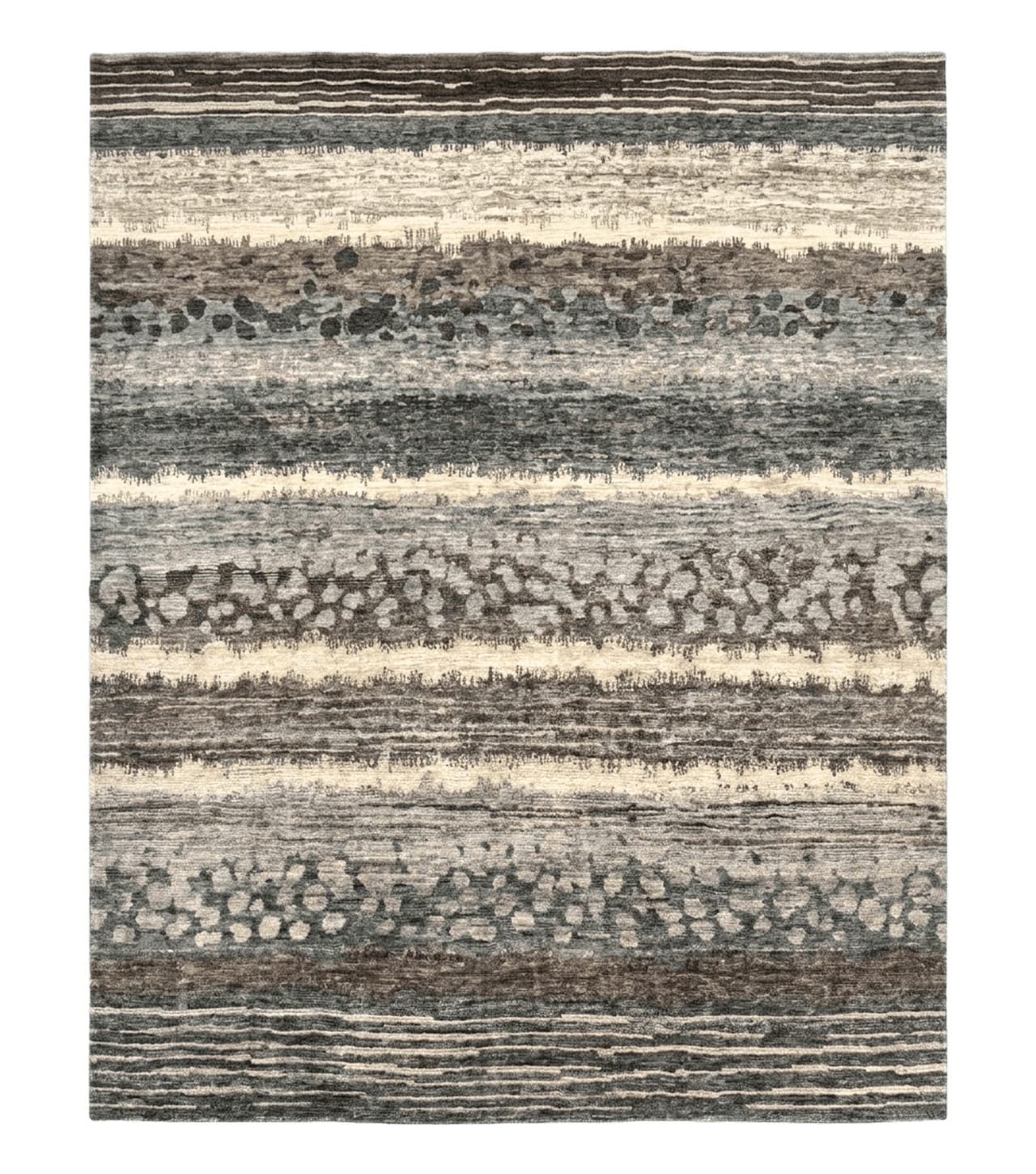Modern Tibetan Wool Rug 8x10, Abstract, Contemporary, Handmade, Gray, Stripes
