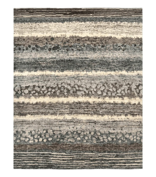 Modern Tibetan Wool Rug 8x10, Abstract, Contemporary, Handmade, Gray, Stripes