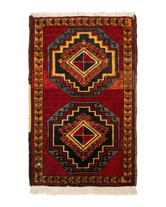 Small Antique Turkish Yastik Rug 2x3, Double Medallions, Geometric, Red, Wool