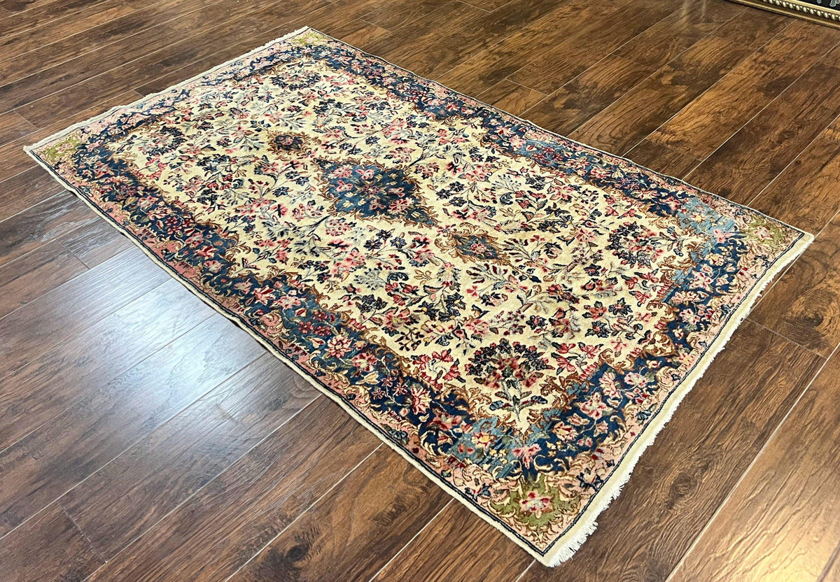 Antique Persian Kirman Rug 4x7, Cream and Navy Blue, Hand Knotted Wool Floral Carpet