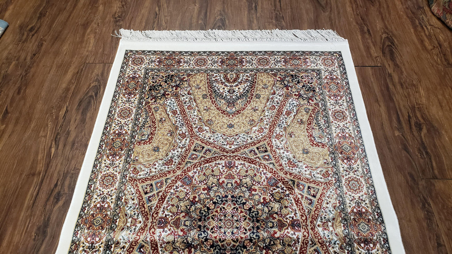 Persian Design Silk Accent Rug, Dome Medallion, Allover Pattern Oriental Carpet, Small Silk Rug, Cream, Ivory, Bamboo Silk, 2' 8" x 4' 1" - Nuvé