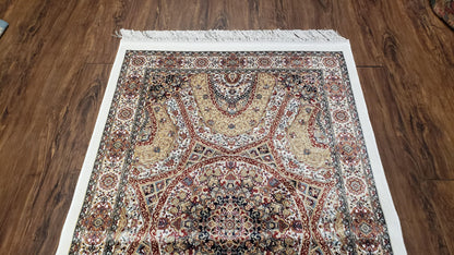 Persian Design Silk Accent Rug, Dome Medallion, Allover Pattern Oriental Carpet, Small Silk Rug, Cream, Ivory, Bamboo Silk, 2' 8" x 4' 1" - Nuvé