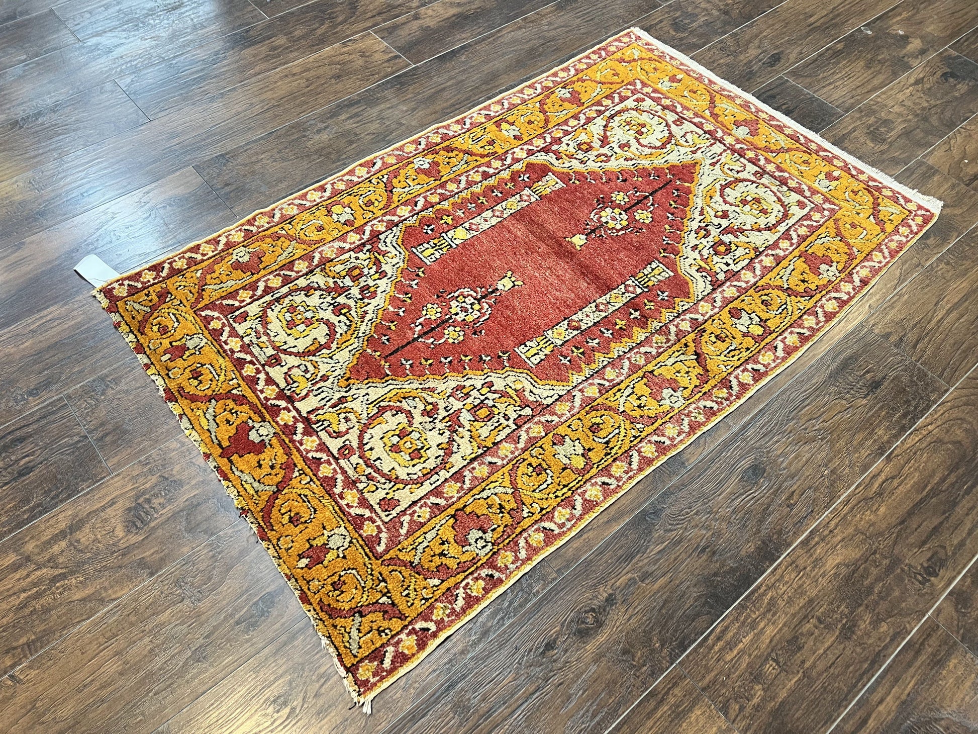 Antique Turkish Prayer Rug 3x5, Hand Knotted Turkish Melas Oushak Wool Carpet, Mehrab Rug, Orange & Red Vintage Rug 3 x 5 Collectible - Nuvé