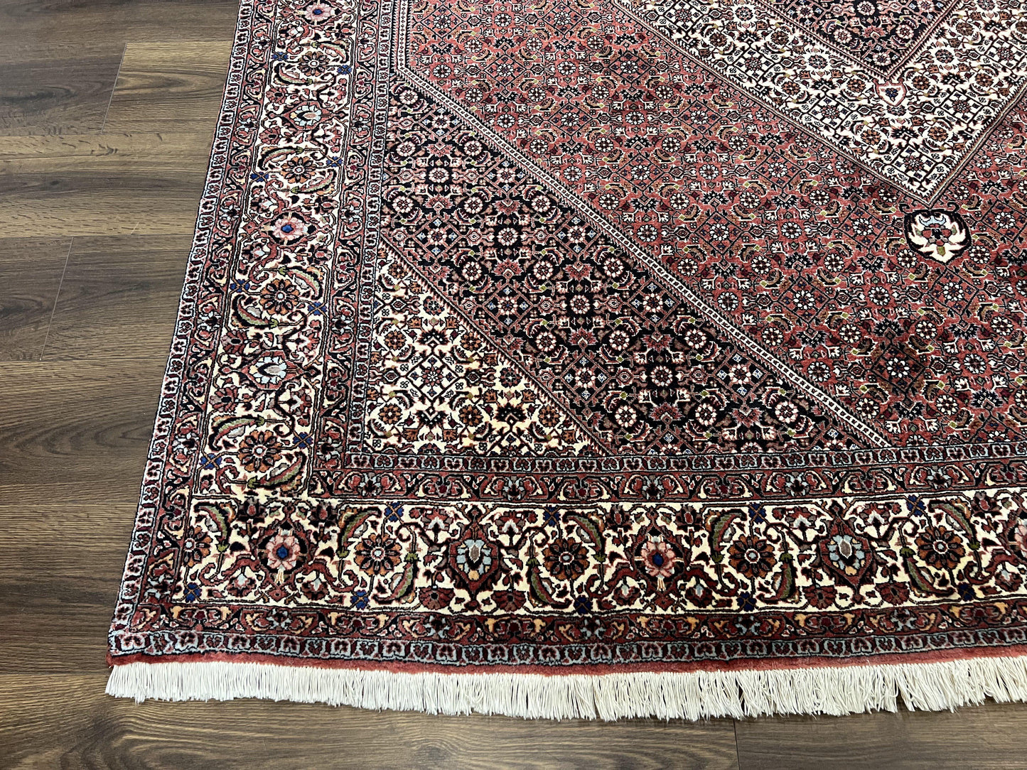 Wonderful Persian Bidjar Rug 7x8 ft, Almost Square Oriental Carpet, Herati Mahi, Highly Detailed, Ivory Red Navy Blue, Very Fine Handmade Bijar Rug - Nuvé