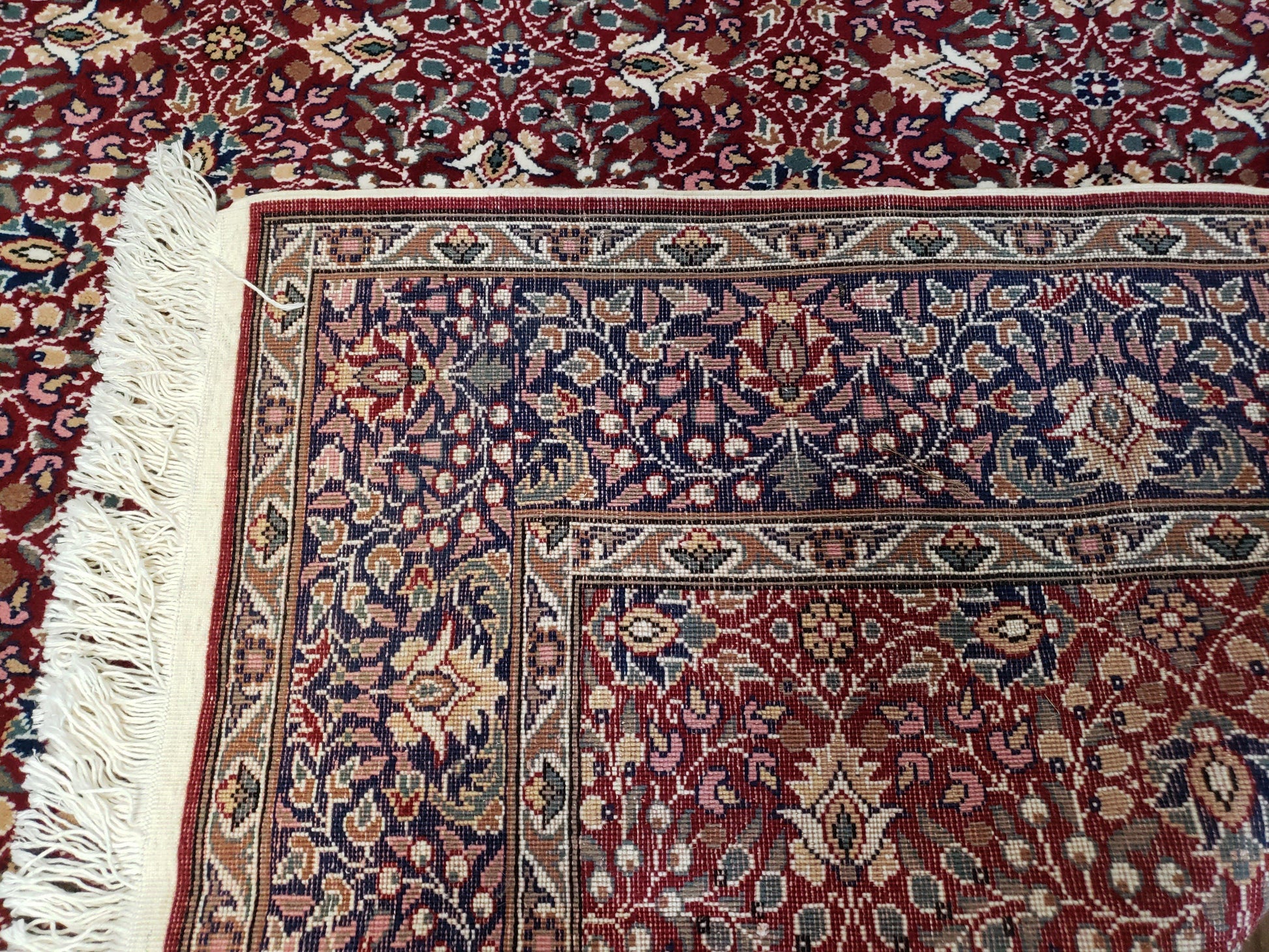 Vintage Turkish Sivas Area Rug 6.5 x 9.5, Wool Hand-Knotted Red & Midnight Blue Allover Floral Pattern Oriental Carpet, 6x9 Traditional Rug - Nuvé