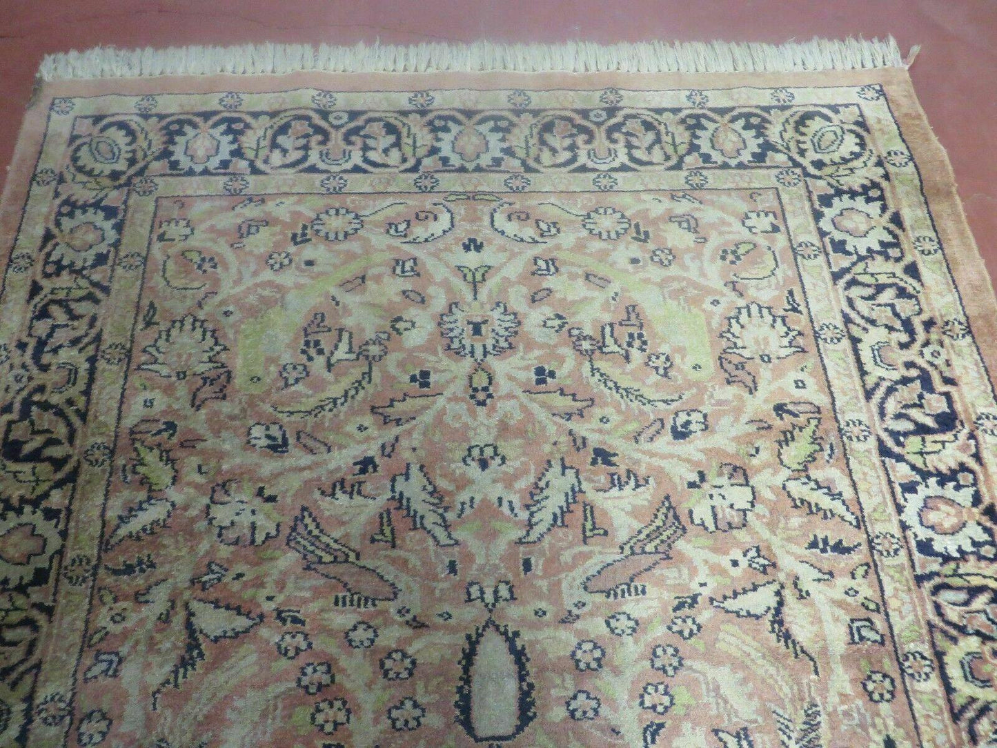 Indian Silk Rug 4x6, Indian Kashmiri Silk Carpet 4 x 6 ft, Vintage Hand Knotted Floral Bird Motifs, Light Pink and Navy Blue, Silk on Cotton - Nuvé