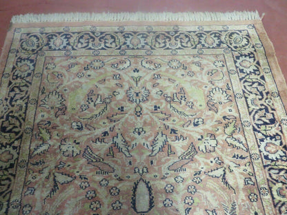 Indian Silk Rug 4x6, Indian Kashmiri Silk Carpet 4 x 6 ft, Vintage Hand Knotted Floral Bird Motifs, Light Pink and Navy Blue, Silk on Cotton - Nuvé