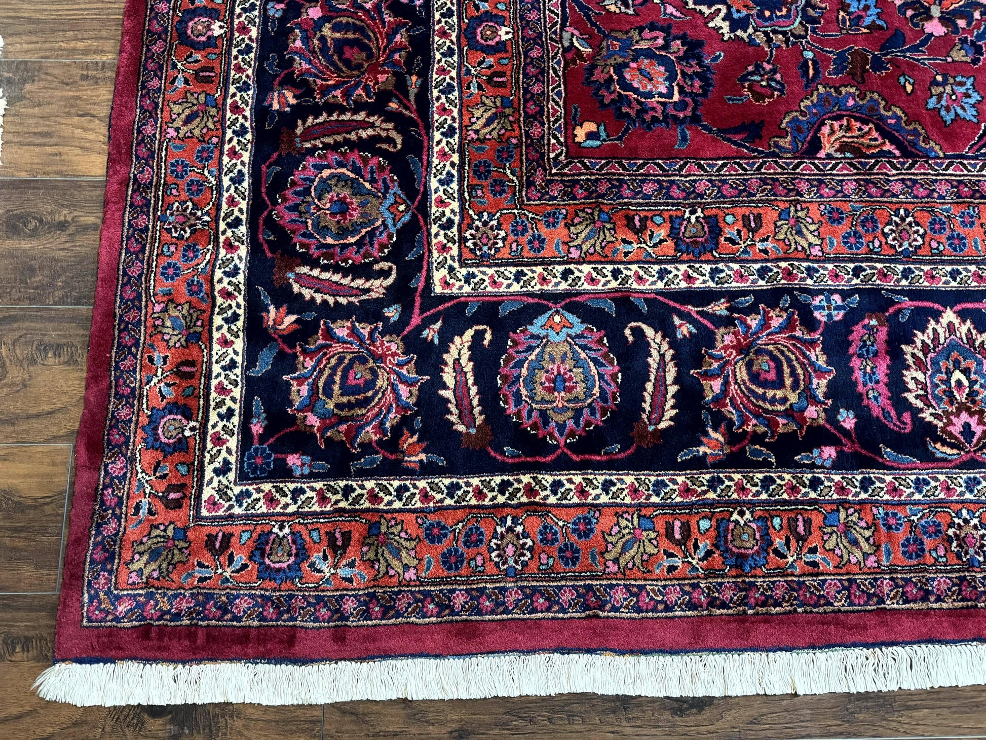 Palace Size Persian Mashad Rug 12x16, Raspberry and Navy Blue, Signature from Master Weaver, Antique Handmade Large Wool Carpet - Nuvé