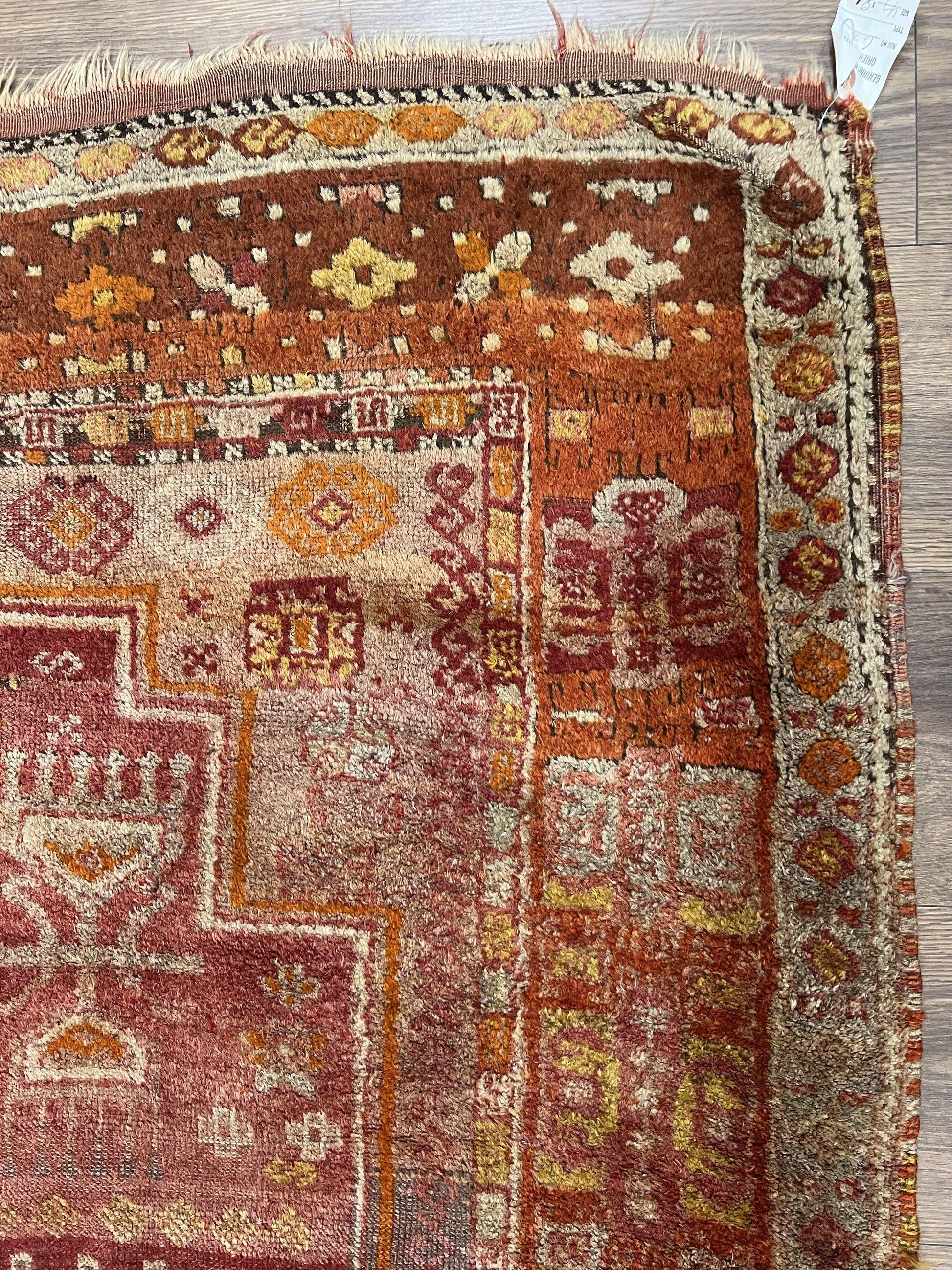 Antique Turkish Melas Rug 4x7, Tribal Geometric Unique Collectible Hand Knotted Wool Oriental Carpet, Rare 1920s Rug, Burnt Orange Red - Nuvé