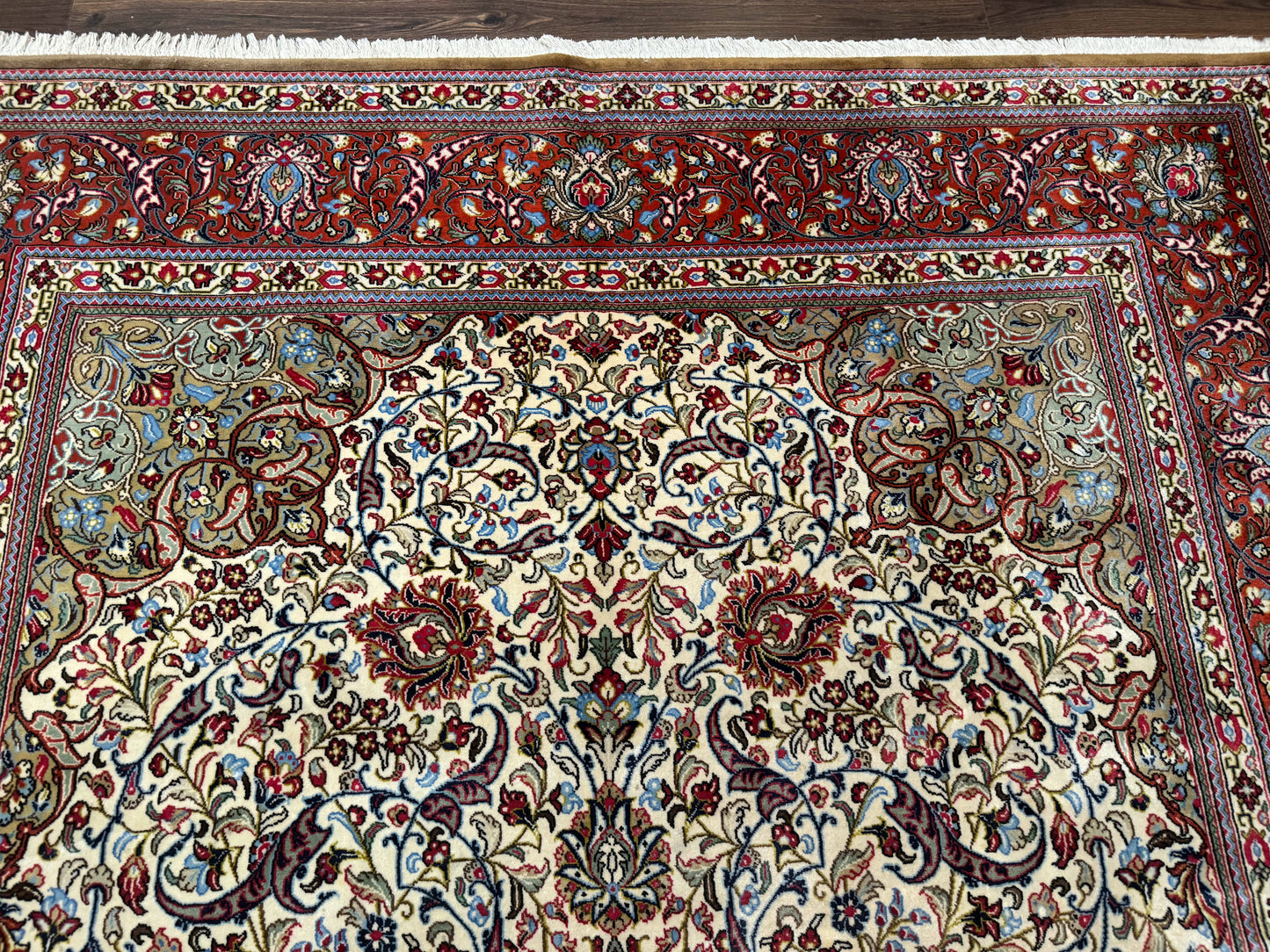Persian Qum Rug 7x11, Beige and Red, Highly Detailed Floral Pattern, Fine 260 KPSI - Nuvé