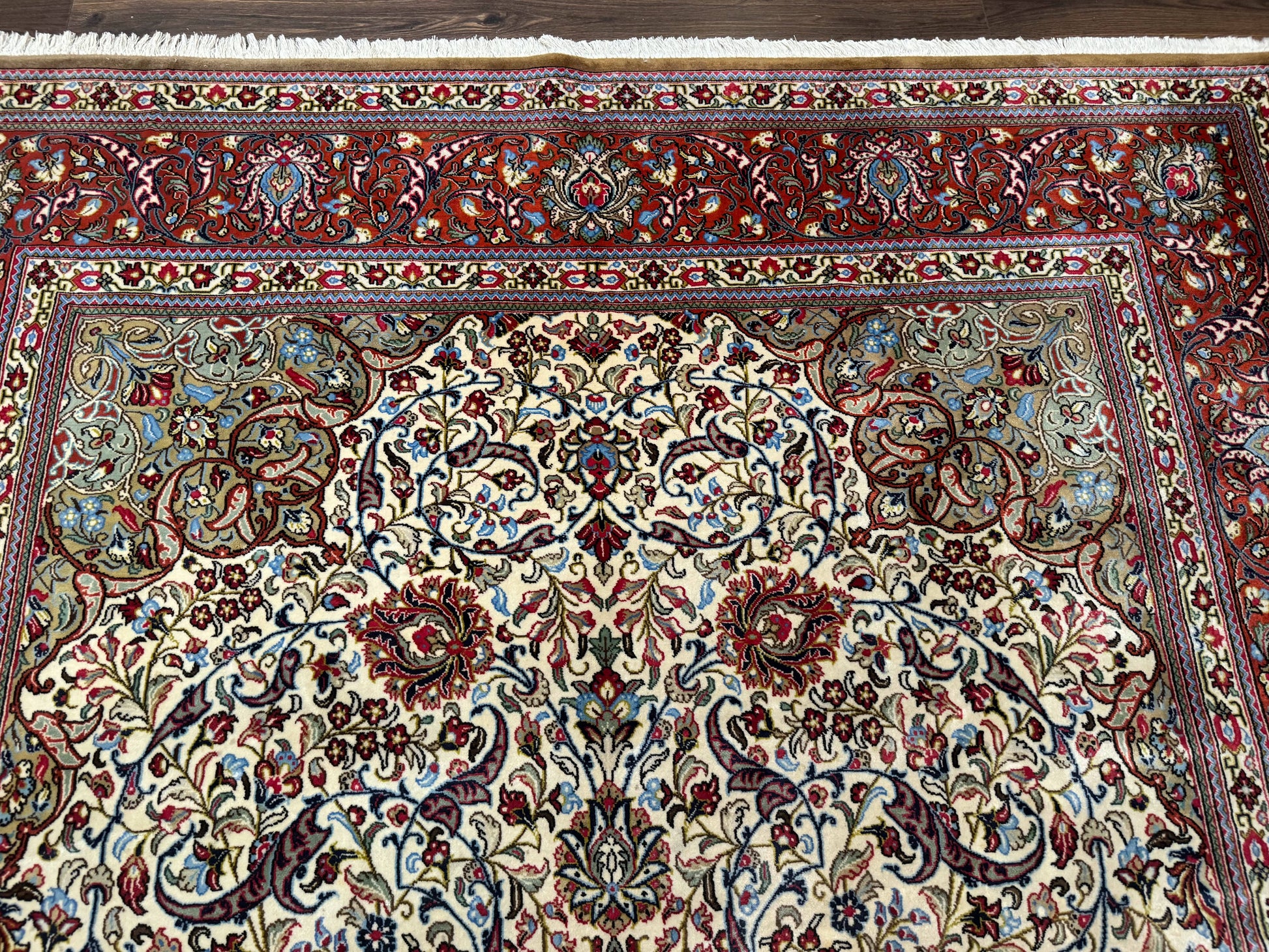 Persian Qum Rug 7x11, Beige and Red, Highly Detailed Floral Pattern, Fine 260 KPSI - Nuvé