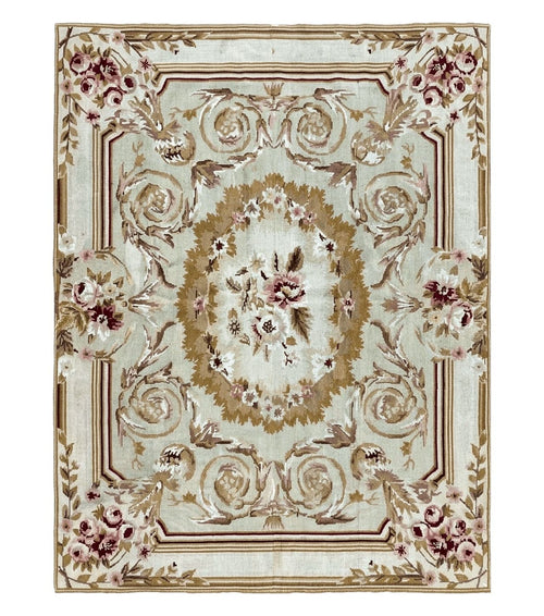 Aubusson Needlepoint Rug 4x5 ft, Beige and Tan, Aubusson Savonnerie Vintage Carpet, Handwoven Handmade Wool Rug, European Design Floral Rose