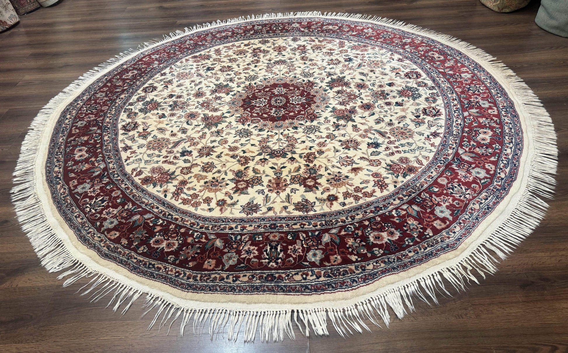 Round Sino Persian Rug 8x8, Wool and Silk, Floral Medallion, Ivory Dark Red - Nuvé