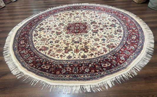 Round Sino Persian Rug 8x8, Wool and Silk, Floral Medallion, Ivory Dark Red - Nuvé