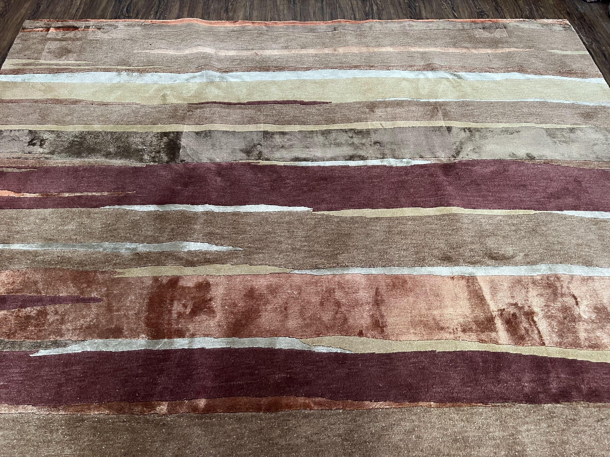 Modern Tibetan Rug 8x11 Nepali Carpet, Shiny Velvely Soft Wool and Silk, Contemporary Hand Knotted Rug, Striped Design, Wool Area Rug 8 x 11 - Nuvé