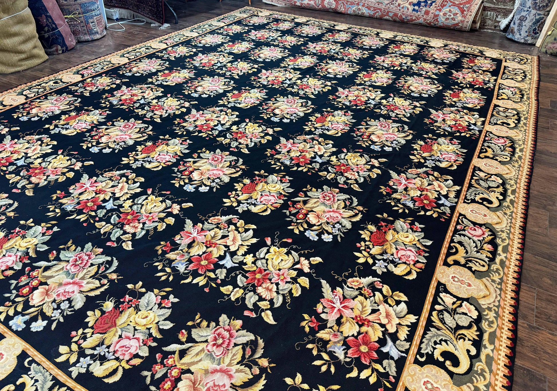 Palace Size Needlepoint Rug 12x16, Black and Colorful, Floral Panel, Handmade Oversized Wool Needlepoint Carpet, Rare - Nuvé