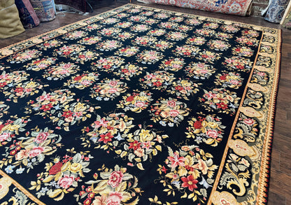 Palace Size Needlepoint Rug 12x16, Black and Colorful, Floral Panel, Handmade Oversized Wool Needlepoint Carpet, Rare - Nuvé