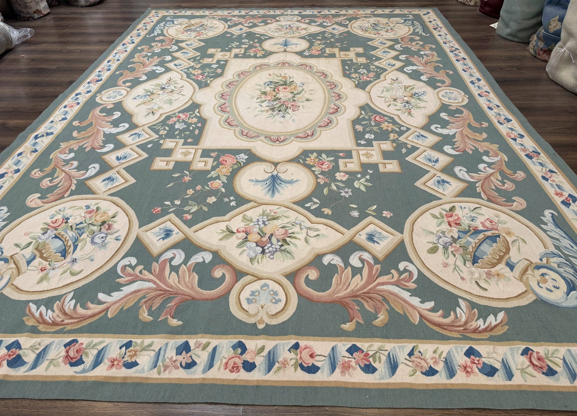 Aubusson Rug 9x12, Muted Sage Green and Cream, European Design - Nuvé