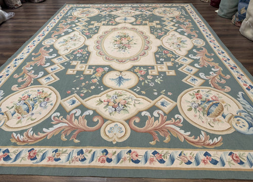 Aubusson Rug 9x12, Muted Sage Green and Cream, European Design - Nuvé