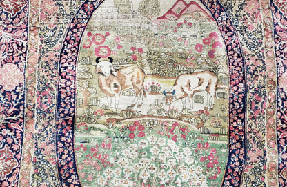 Antique Persian Kirman Rug 4.4 x 7.5, Highly Collectible, Late 19th Early 20th Century Rug, Millefleurs, Cows, Wool Hand Knotted, Pictorial - Nuvé