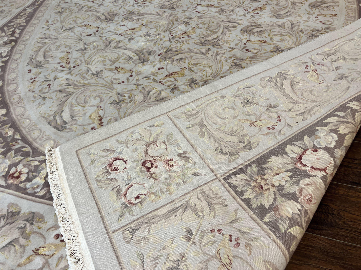 Aubusson Rug 10x14, Wool & Silk Highlights Hand Knotted Vintage Carpet, Birds Flowers, Fine Details, Elegant - Nuvé