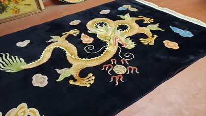 Rare Antique Chinese Art Deco Rug 6x9 with Dragon, Black Chinese Carpet 6 x 9, Hand Knotted Wool Area Rug - Nuvé