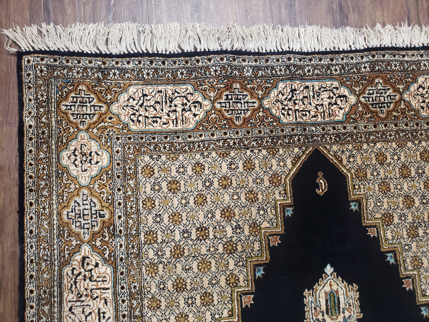 Persian Silk Qum Rug, Silk on Silk, Black Golden Brown and Beige, Hand-Knotted, 3'6" x 5' 5" - Nuvé