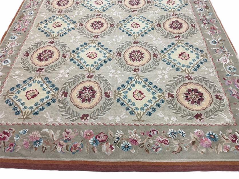 9x13 Needlepoint Carpet, French Design Rug, Hand-Knotted, Brand New Needlepoint Rug 9 x 13, English French European Style, Beige Floral - Nuvé
