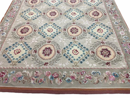 9x13 Needlepoint Carpet, French Design Rug, Hand-Knotted, Brand New Needlepoint Rug 9 x 13, English French European Style, Beige Floral - Nuvé