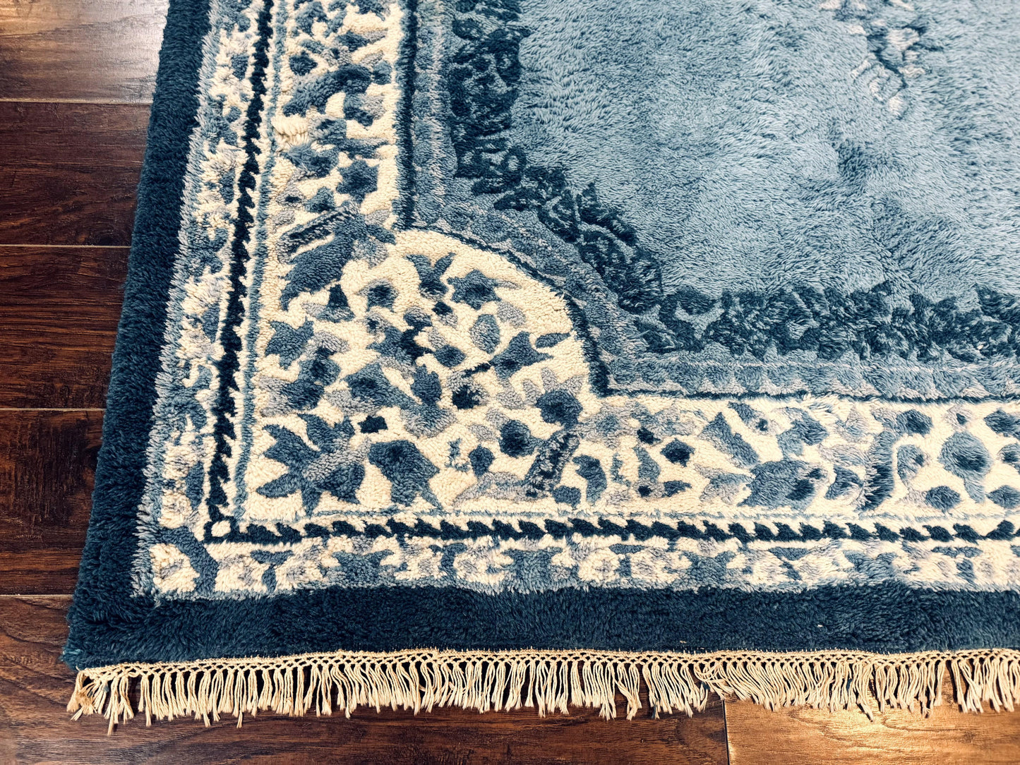 Indo Chinese Aubusson Rug 6x9, Light Blue and Ivory, Handmade Vintage Wool Carpet - Nuvé