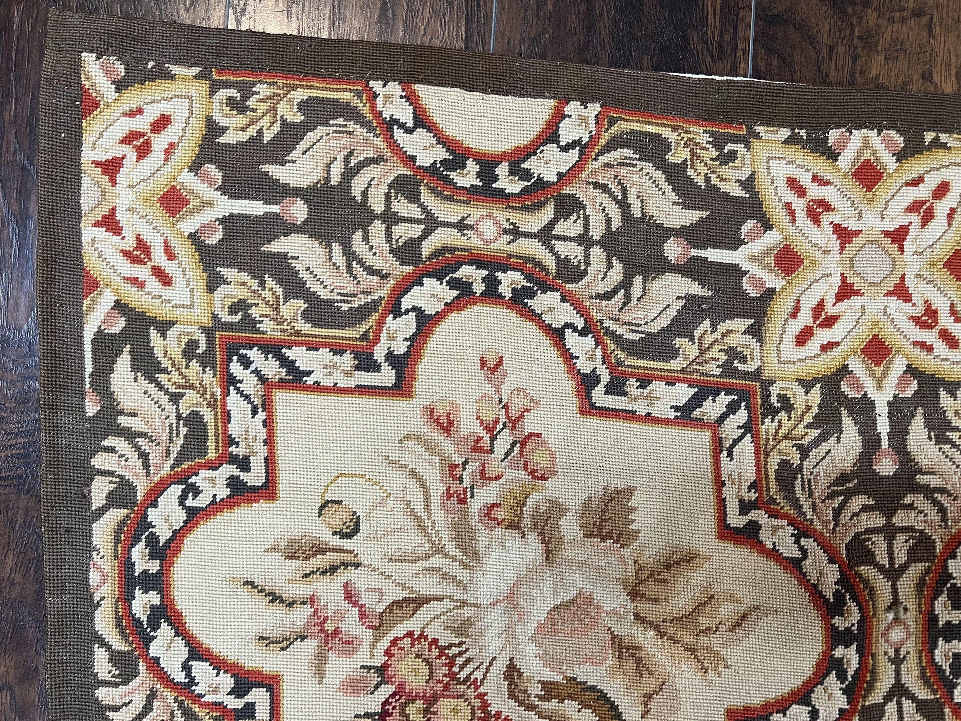 Needlepoint Runner Rug 2.8 x 9.8, Brown and Beige, Handwoven Handmade Floral French European Design, Vintage Flatweave 10ft Wool Runner Rug - Nuvé