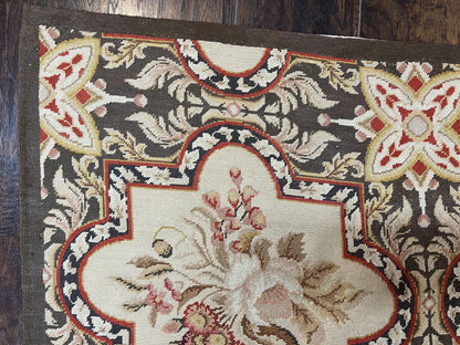 Needlepoint Runner Rug 2.8 x 9.8, Brown and Beige, Handwoven Handmade Floral French European Design, Vintage Flatweave 10ft Wool Runner Rug - Nuvé