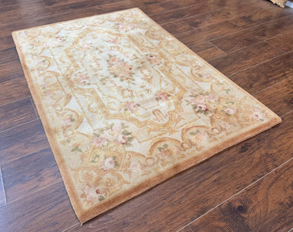Chinese Aubusson Rug 3.6 x 5, Beige and Gold, Handmade Vintage Elegant European Design Carpet, Plush Wool, Handmade - Nuvé