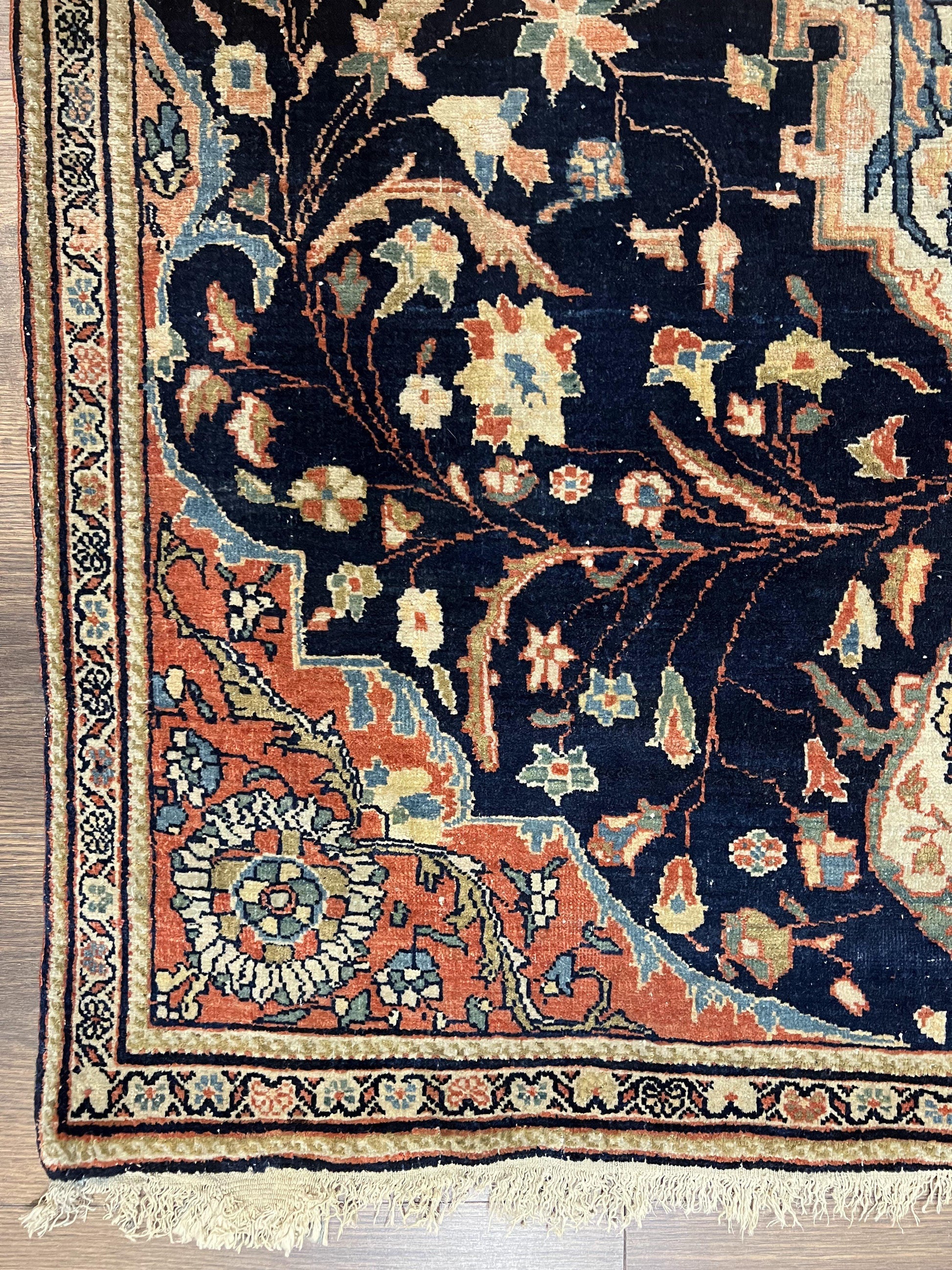 Antique Persian Rug 3.5 x 5, Sarouk Farahan Rug, High Quality 1920s Fine Oriental Carpet 3 x 5 ft, Large Medallion, Floral, Navy Blue Red, Hand Knotted Wool Rug - Nuvé