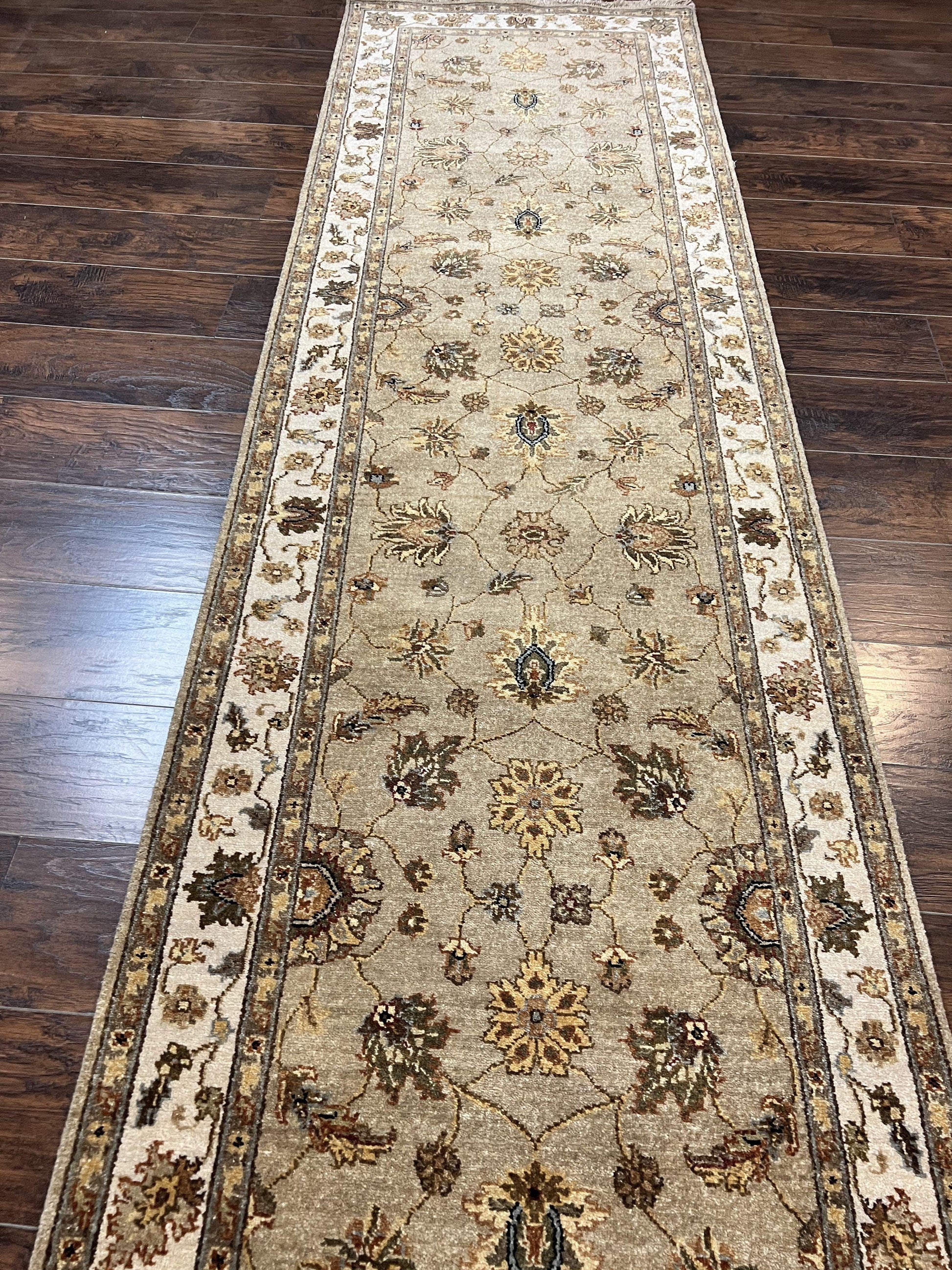 Peshawar Runner Rug 3 x 20, Wool Hand Knotted Vintage Pakistani Carpet, Olive Green & Ivory, Extra Long 20ft Hallway Runner, Floral - Nuvé