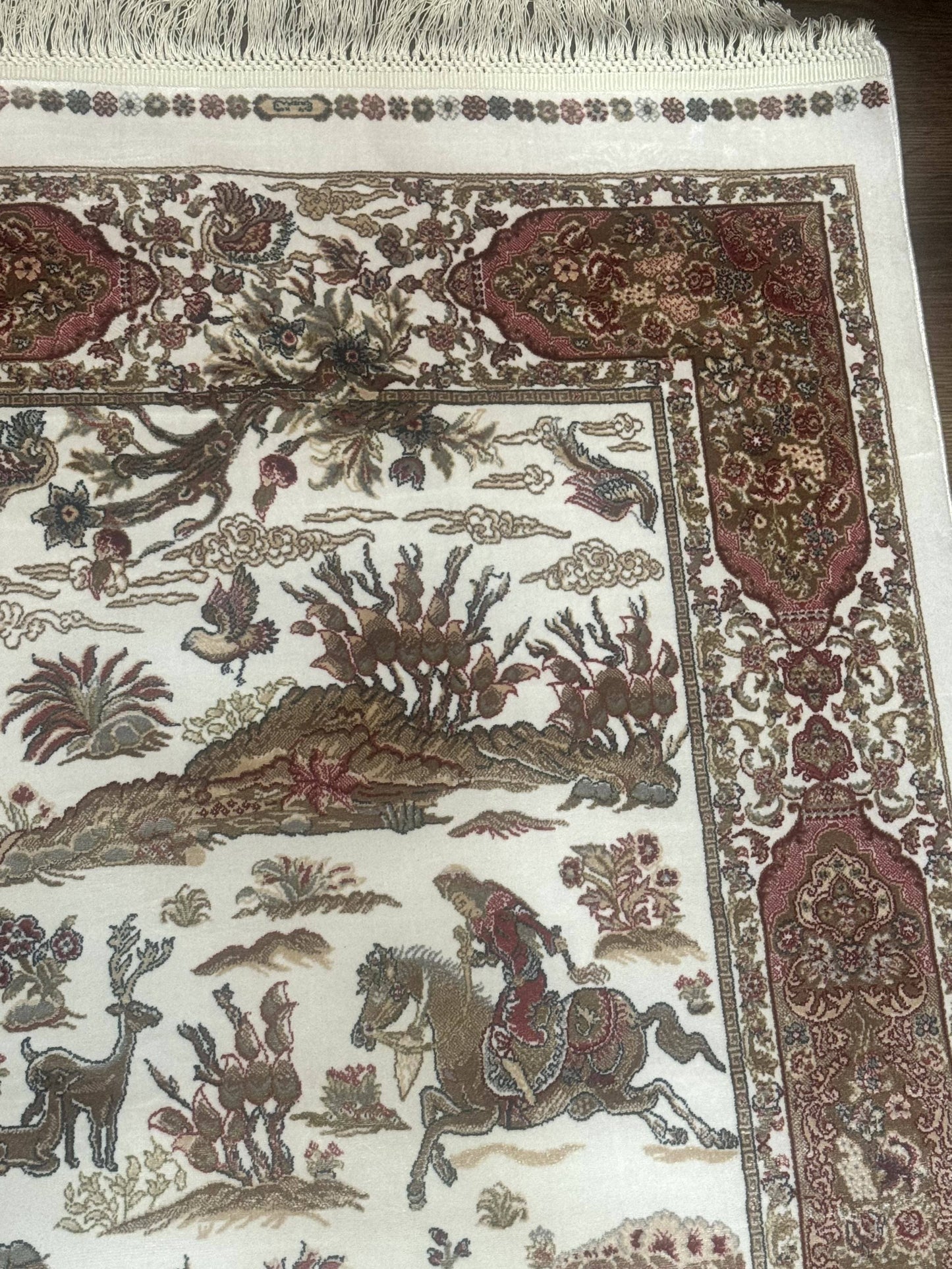 Long Turkish Silk Runner Rug 2.6 x 16.5, Hunting Design, Ivory, Bamboo Silk, New - Nuvé