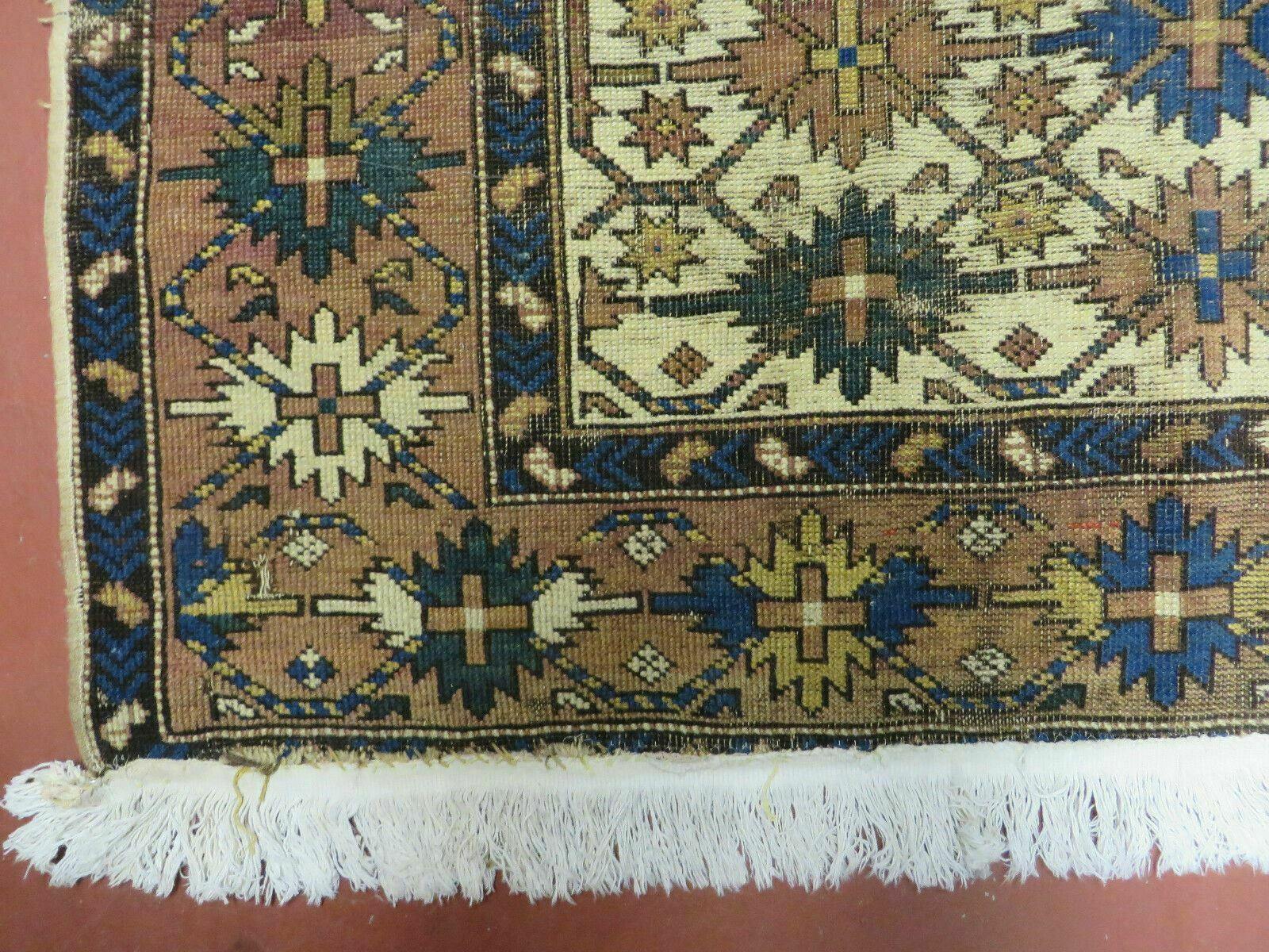 4' X 5' Antique Handmade Caucasian Kazak Shirvan Wool Rug Snow Flakes - Nuvé