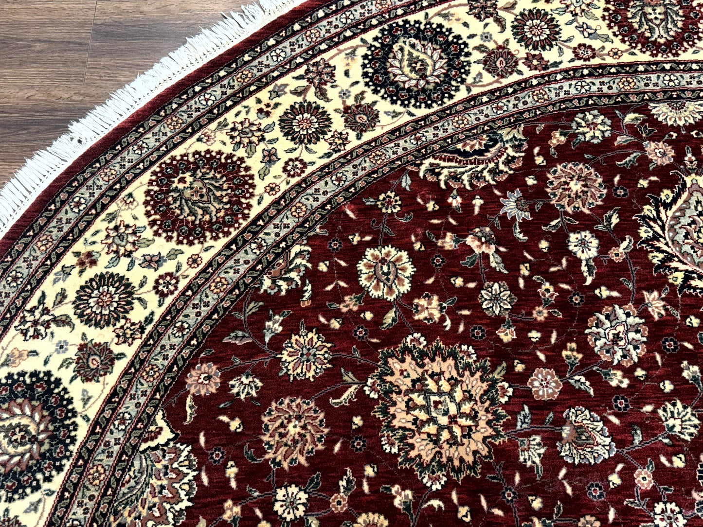 Round Sino Persian Rug 9x9, Burgundy and Cream, Floral, Wool and Silk, 9ft Round Carpet - Nuvé