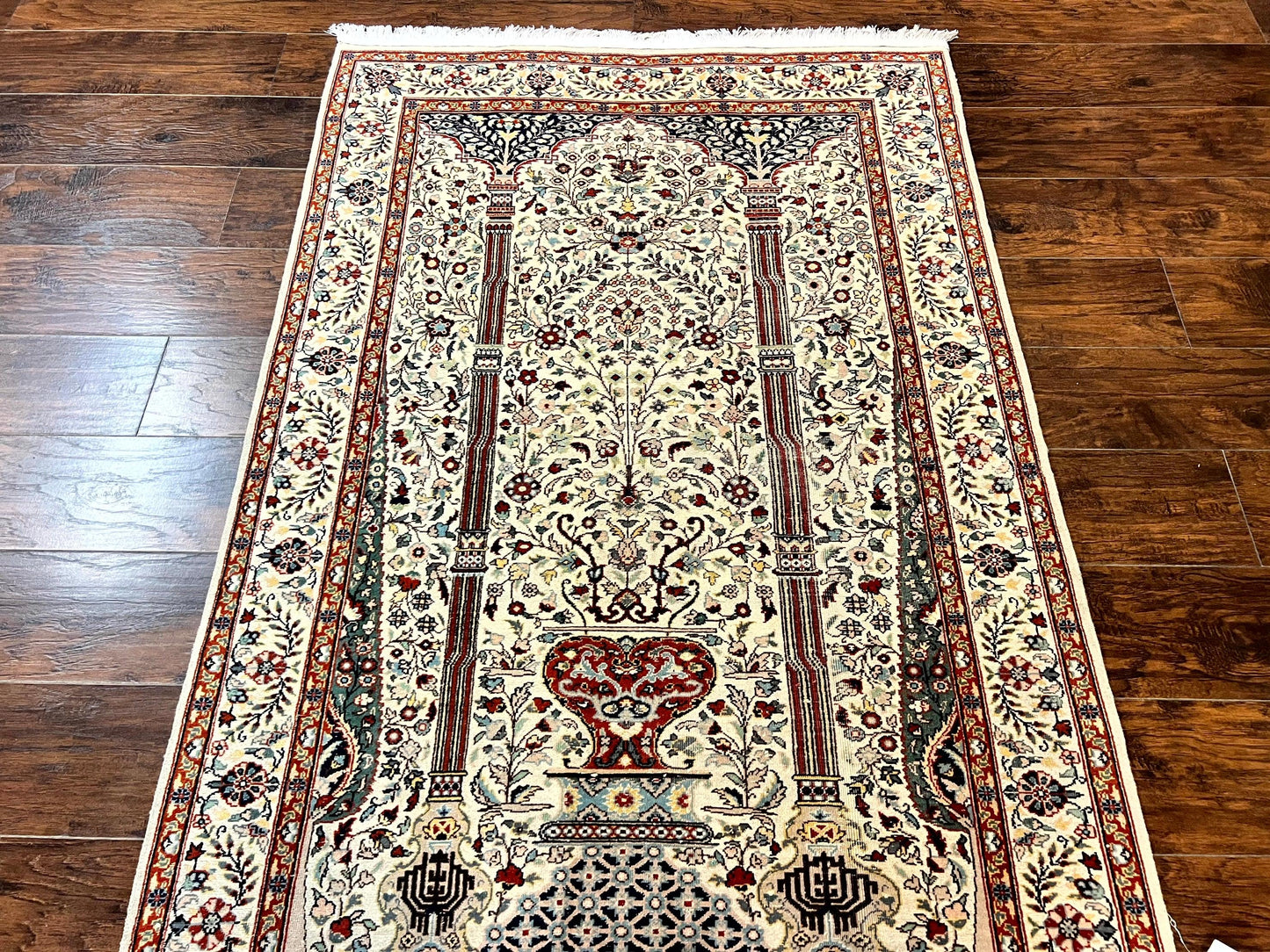 Pak Perisan Prayer Rug 4x6, Tree of LIfe Carpet, Handmade Vintage Wool Rug, Beige, Floral Vases - Nuvé