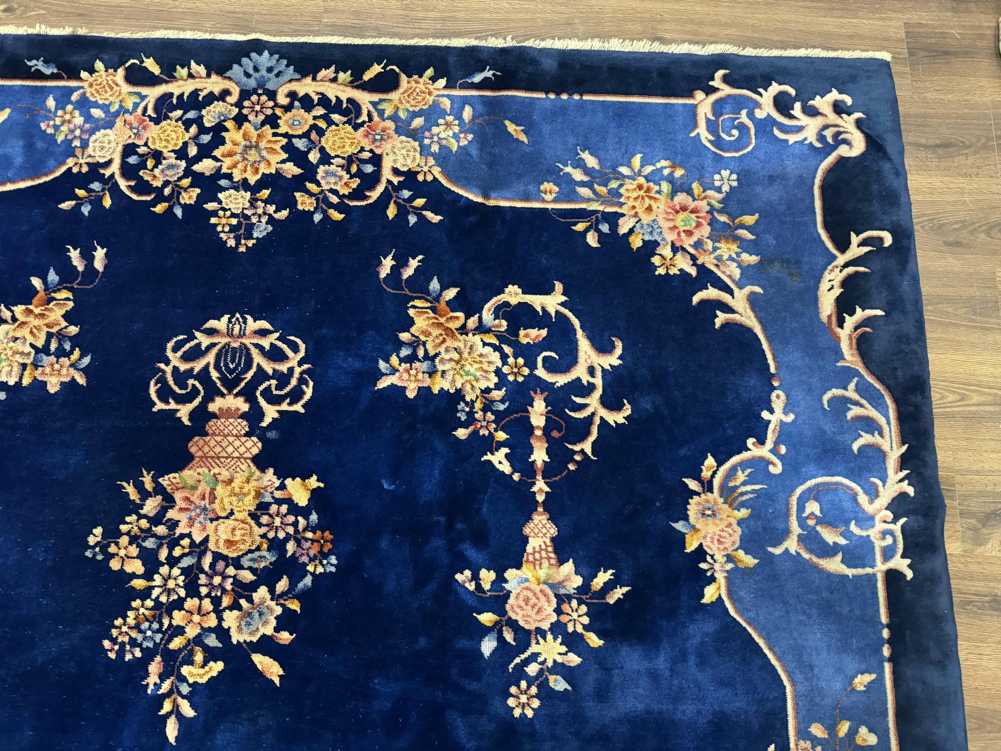 Blue Chinese Art Deco Rug 9x12, Vintage Antique Chinese Wool Rug, Chinese Fette Rug - Nuvé