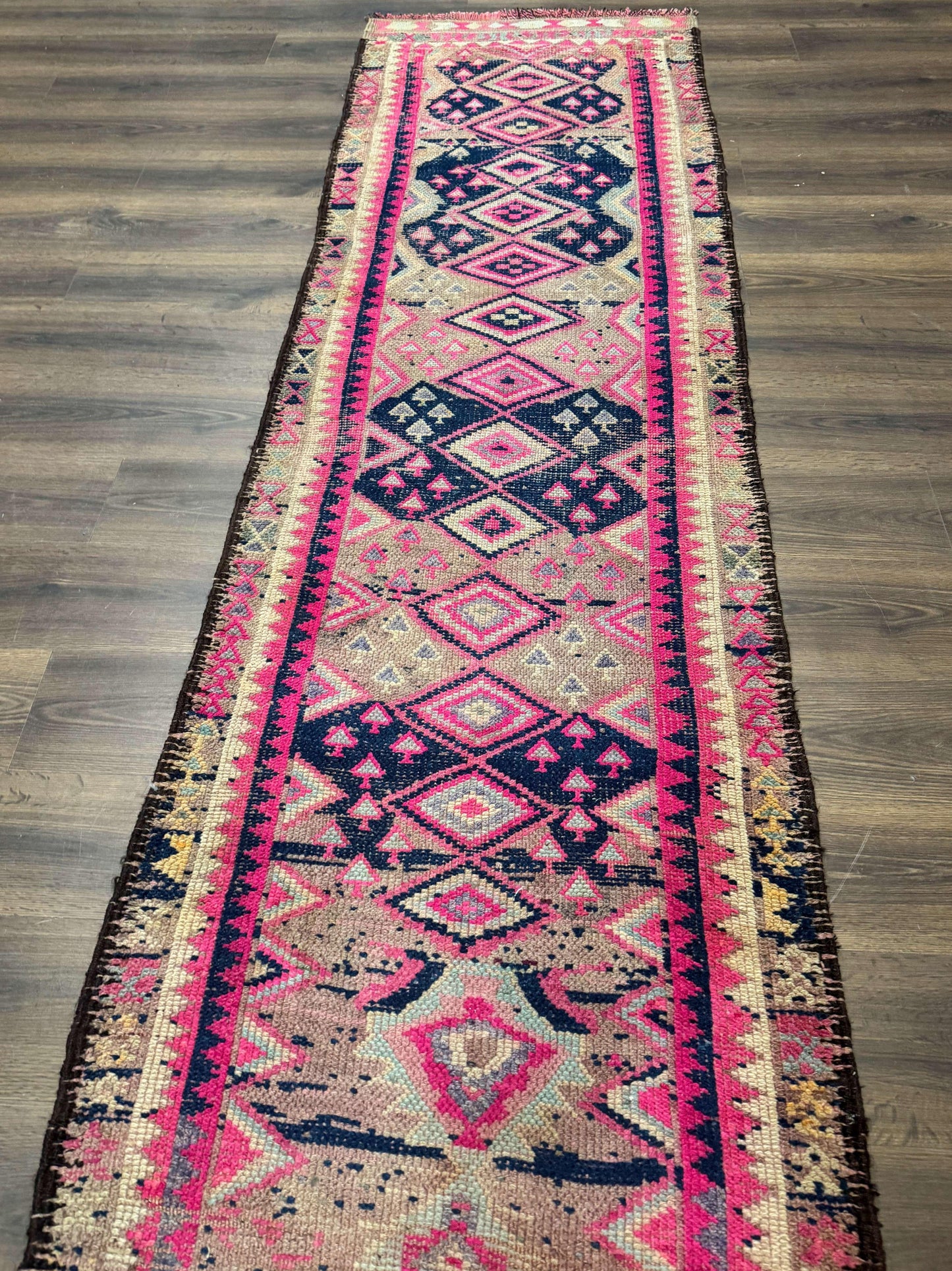 Turkish Runner Rug 3x10, Pink and Navy Blue, Bohemian Runner for Hallway or Kitchen, Vintage, Geometric, Tribal - Nuvé