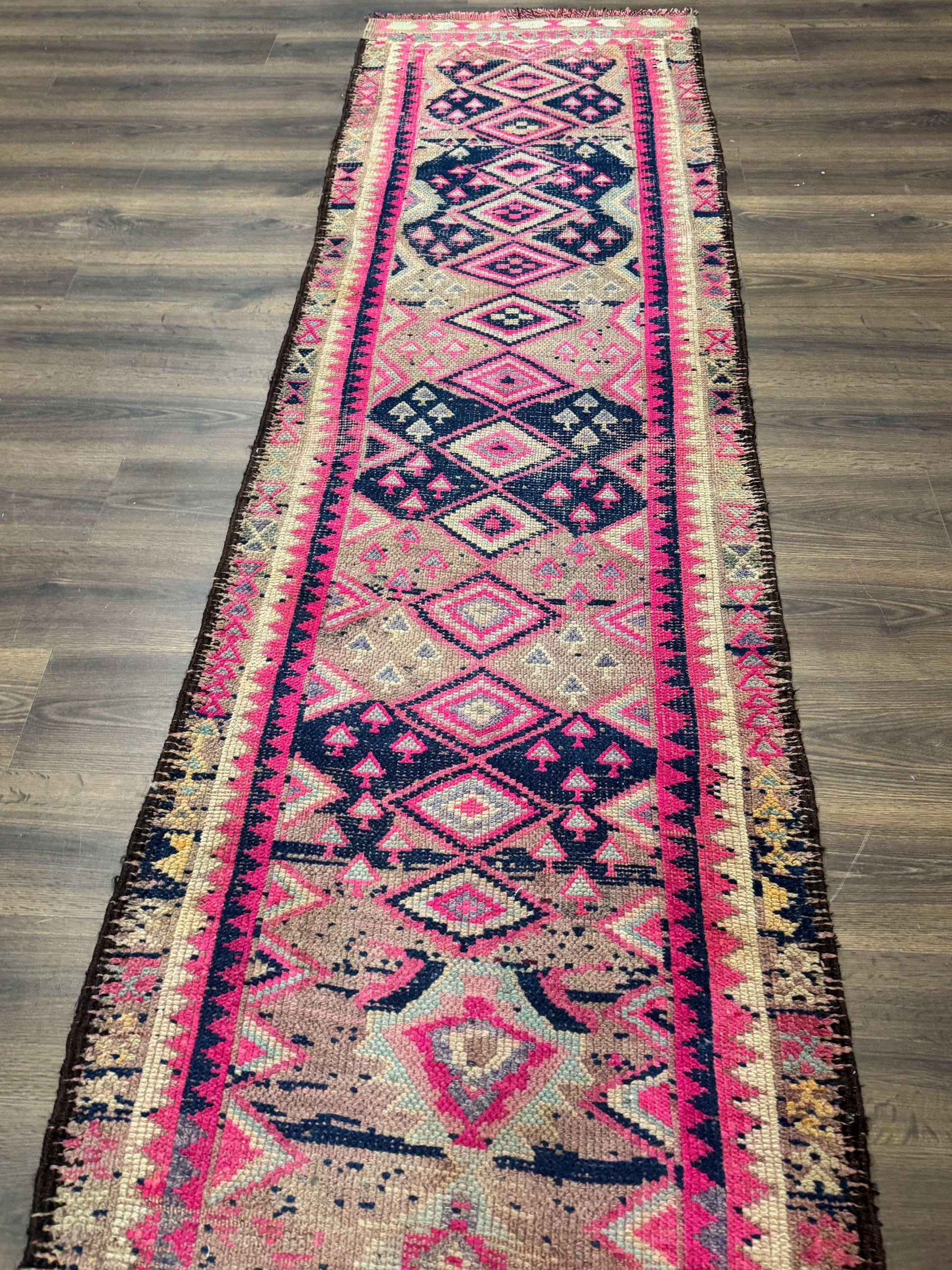 Turkish Runner Rug 3x10, Pink and Navy Blue, Bohemian Runner for Hallway or Kitchen, Vintage, Geometric, Tribal - Nuvé
